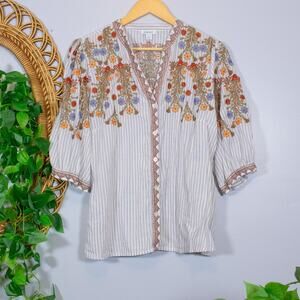 Striped Floral Embroidered Tunic Blouse Boho Cottagecore Vtg | Soft Autumn